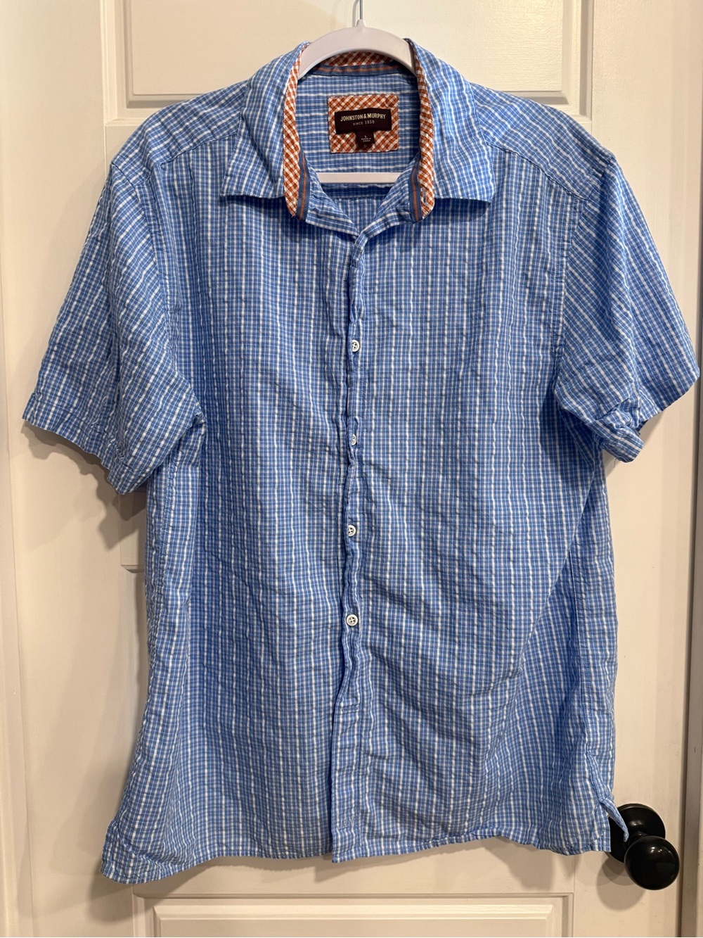 Johnston & Murphy Men’s Large Blue Plaid Short Sleeve Button Down Shirt